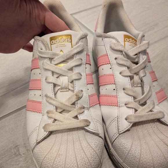Adidas Original Superstar White and Pink Stripe Women's Sneakers - Picture 5 of 6
